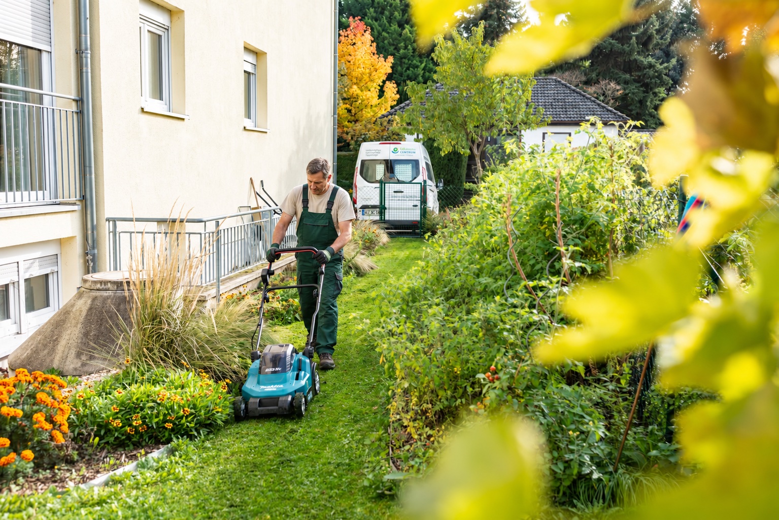 Ein Mitarbeiter mäht den Rasen im Garten neben dem Haus, ringsum hohe Gräser, Sträucher und Ringelblumen
